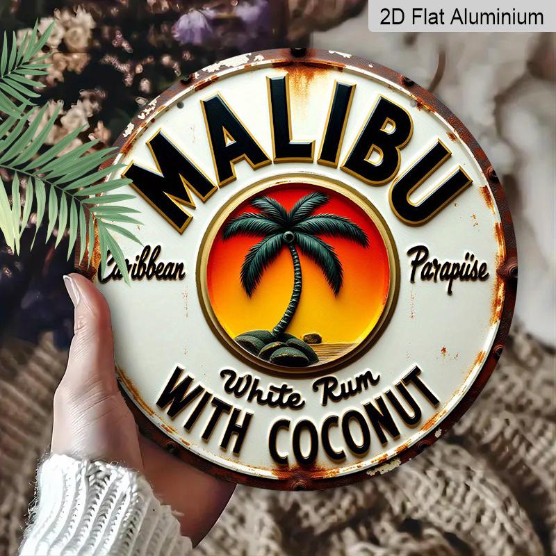 [Tropical Rum Sign]2D Flat, 1pc Tropical Caribbean Rum & Coconut Metal Wall Sign - Round Durable Aluminum Beach Art with Palm Trees & Parrot for Bar