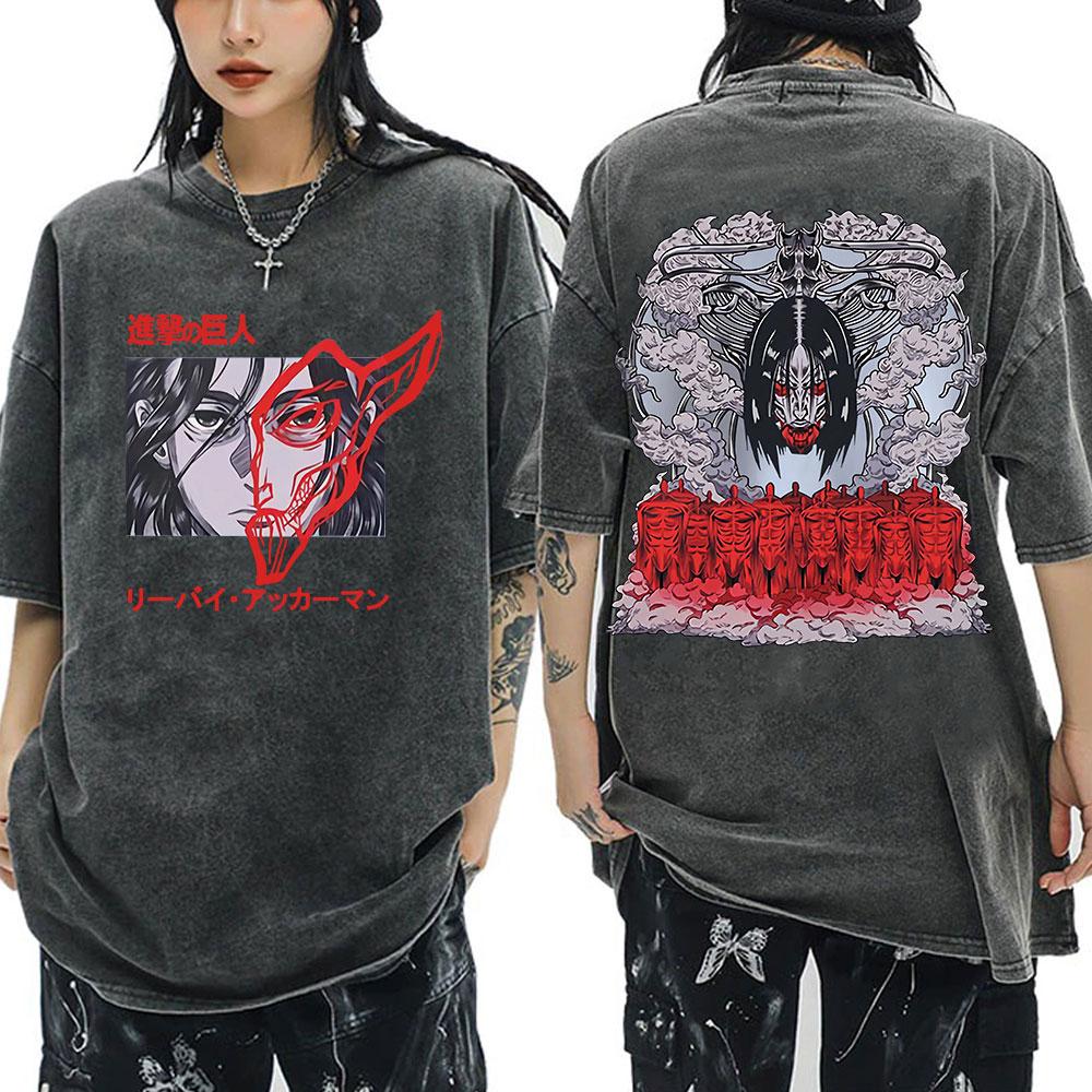 Anime Attack on Titan Washed T-Shirt Ackerman Mikasa Eren Jaeger Cherry Blossom Graphics Logo T Shirt Men Women Polyester T Shirts