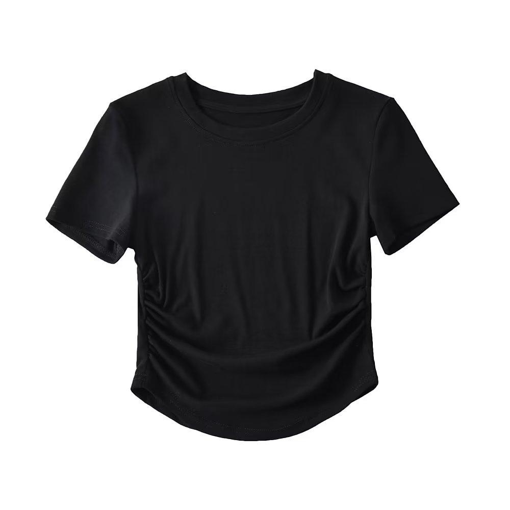 2024 Harajuku Женская хлопковая футболка с круглым вырезом, короткими рукавами и рюшами по бокам, футболки