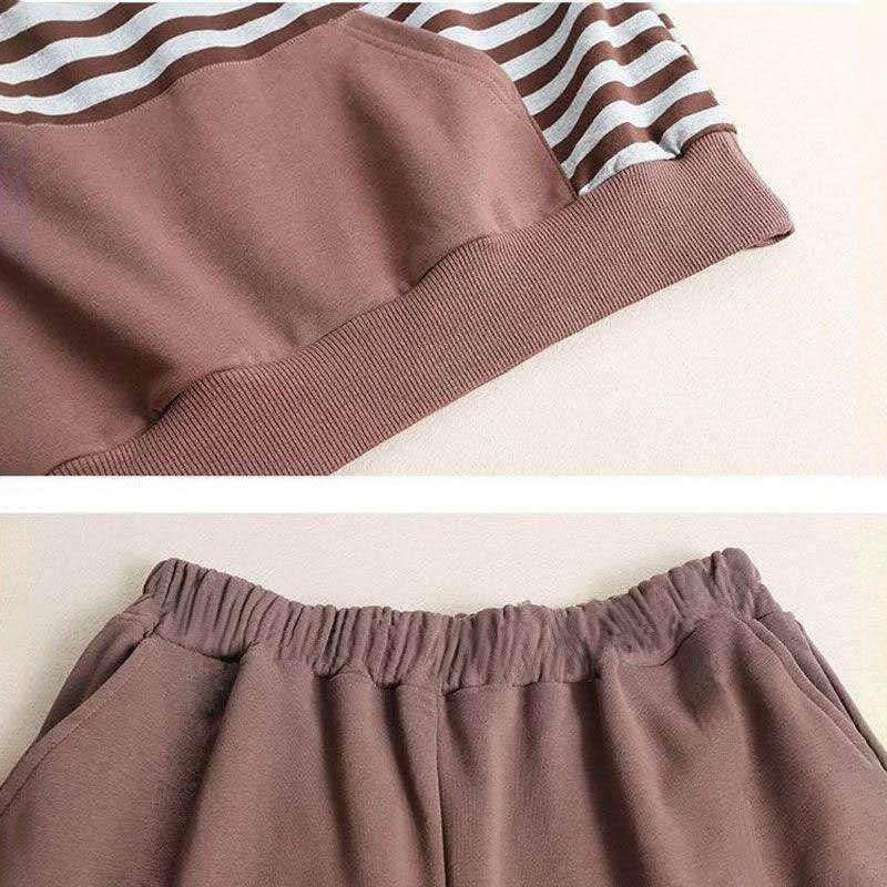 Women's Plus Size Suit Summer Sports Set of Stripes Comfortable Hooded Sweater and Casual Loose Pants Suit