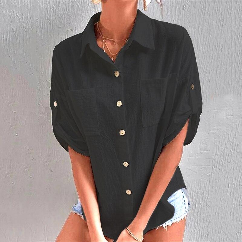 Повседневная белая рубашка с отложным воротником, летняя свободная хлопково-льняная женская блузка с карманами, модные топы на пуговицах с короткими рукавами Blusas 26254