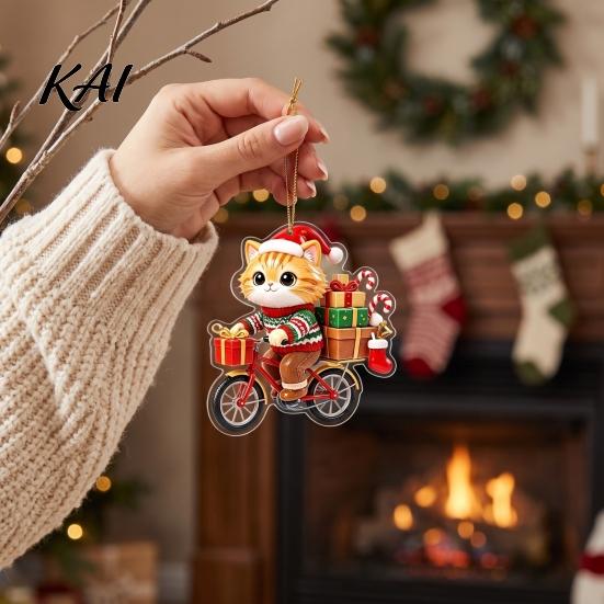 Acrylic Holiday Ornaments Christmas Cat Pendant with Hanging Rope, 2D Flat Ornament for Xmas Tree Unique Gift Ideas Decoration, Cute Decor,