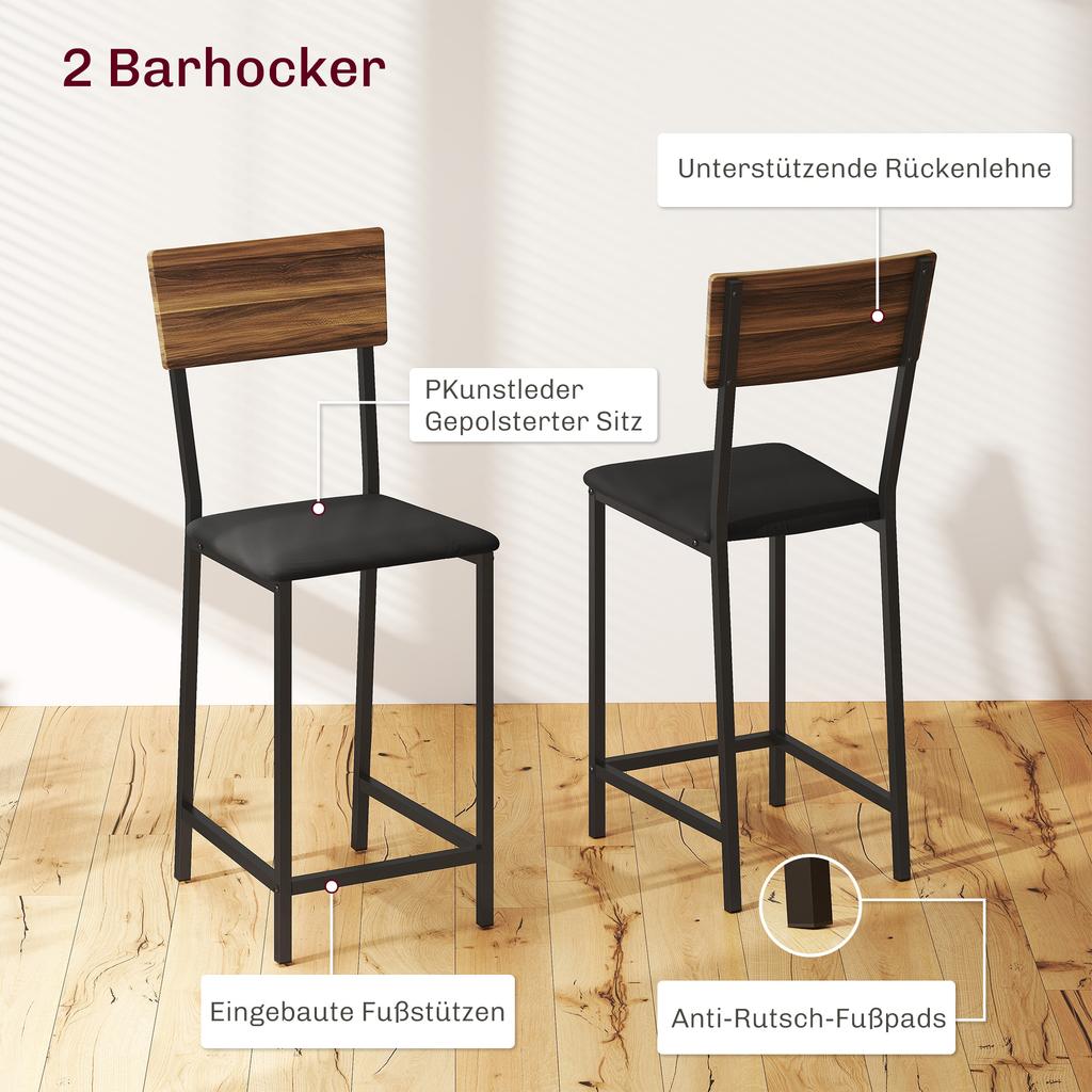 3-Piece Bar Table Set, 1 Bar Table, 2 Chairs, with Wine Rack, Glass Holder, Open Shelves, Footrests, Brown