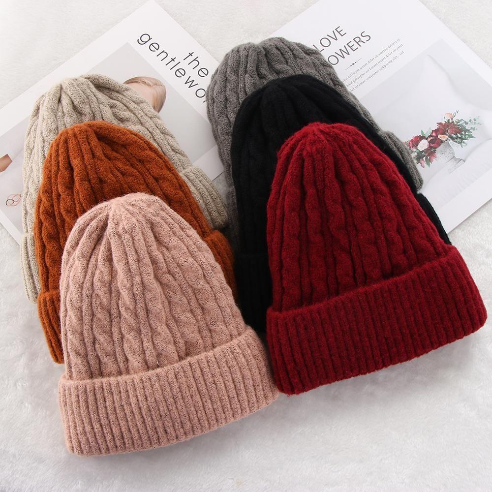 New Soft Solid Color Thick Fleece Hedging Cap Wool Knitted Beanies Slouchy Bonnet Casual Ski Hats