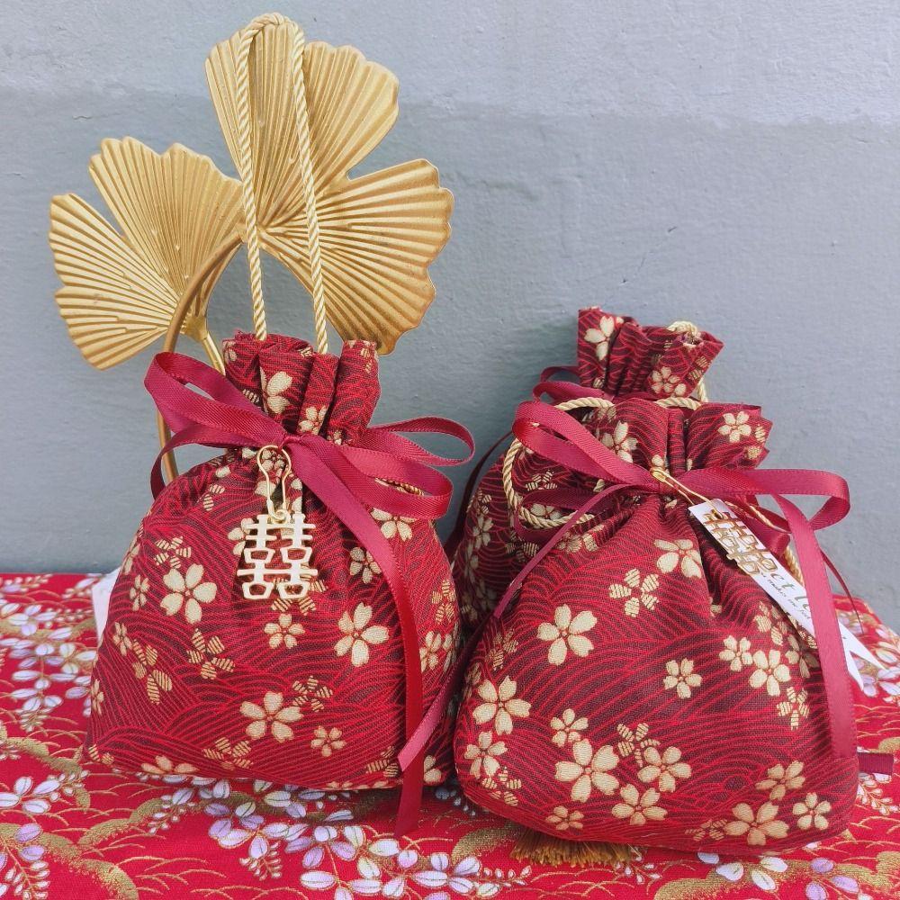 Pearl Pendant Canvas Flower Drawstring Bag Stripe Bowknot Floral Tassel Handbag Female/Girls