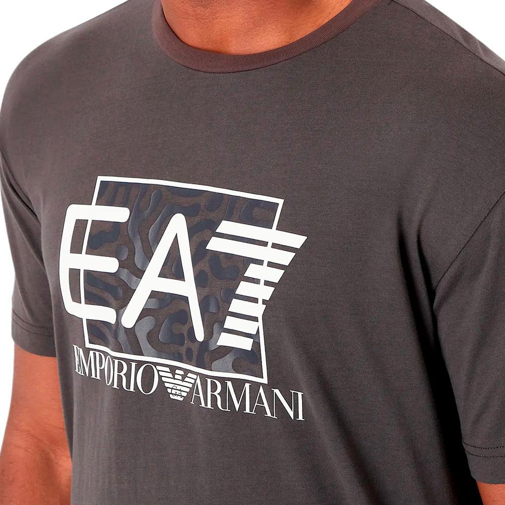 Emporio Armani EA7 Весна/Лето 23 Футболка с принтом логотипа-буквы, круглым вырезом, коротким рукавом, мужские топы, цвет землисто-коричневый 3RPT01-PJ02Z-1997