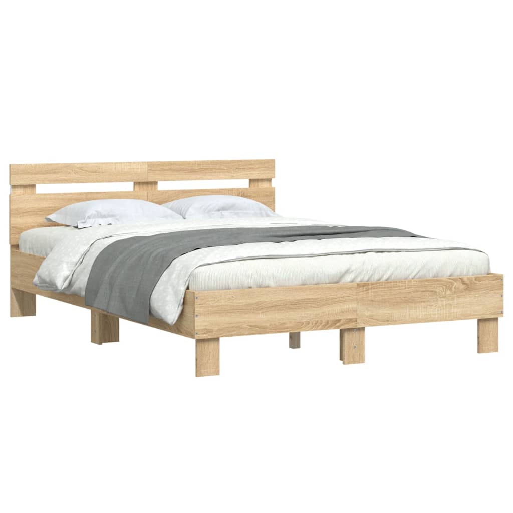 Vidaxl Rama Łóżka Z Wezgłowiem I Led, Dąb Sonoma, 135X190 Cm