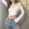 Thin Slant Neck Crop Tops Sexy Long Sleeve Solid Color Slim Wild Shoulder Off Casual Ruffle Trim Stylish Navel T-Shirts