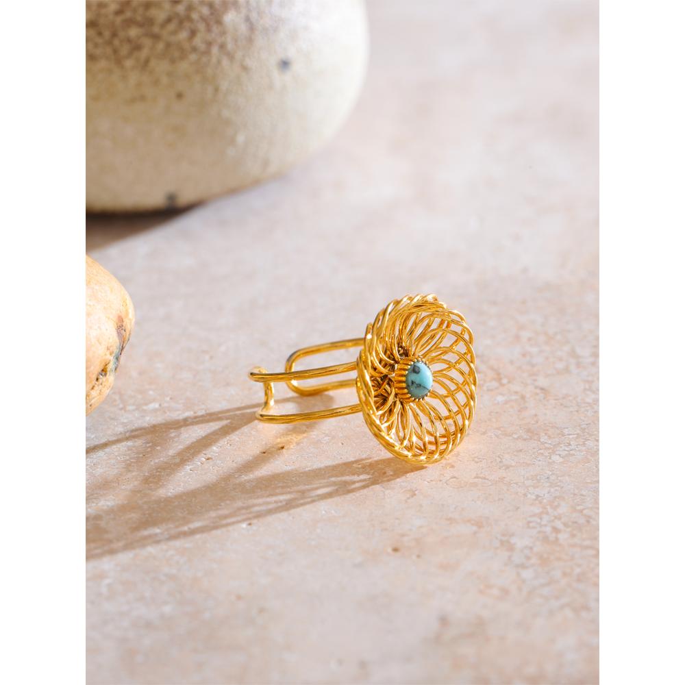 Eetit Trending Stainless Steel Natural Stone Flower Hollow Adjustable Ring 18K Golden PVD Plated 2025 Finger Jewelry Gift