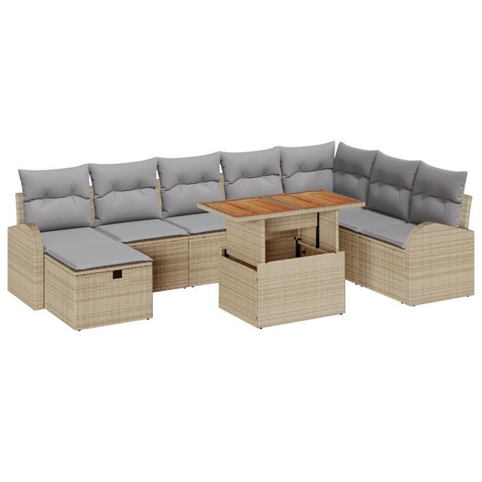 VidaXL Ensemble de Canapés de Jardin 9 Pièces avec Coussins Beige Poly Rattan 3359983