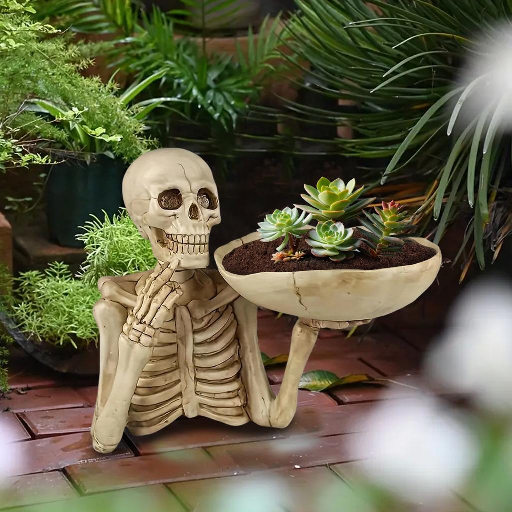 1pc Resin Skull Tray Ornament with Bowl – Unique Skeleton Design for Indoor&Outdoor Decor,Perfect for Halloween,Day of The Dead