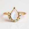 Pear Moonstone Ring with Opal Halo – Nature Inspired Gold Plated Boho Engagement Ring, Unique Promise Anniversary Gift for Women