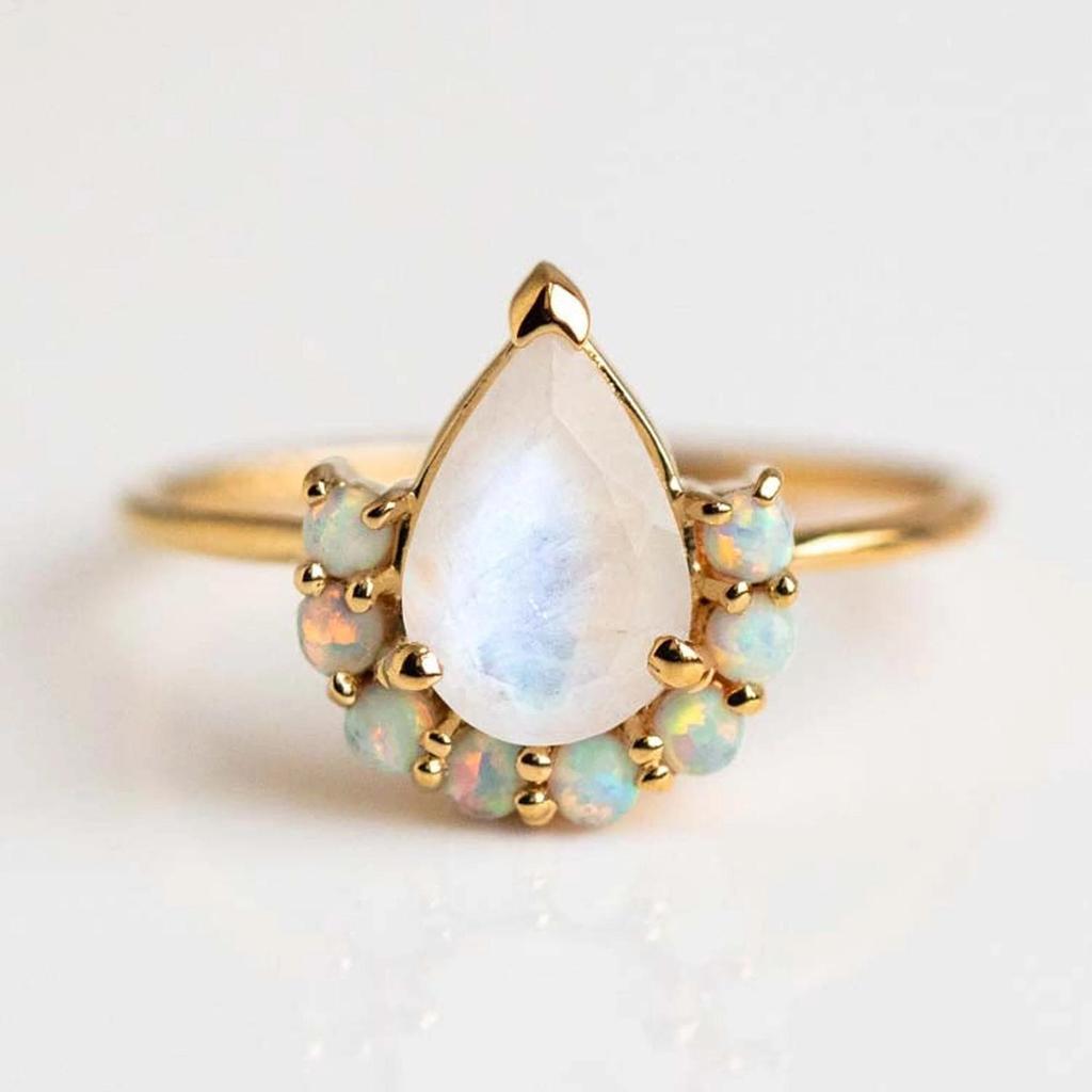 Pear Moonstone Ring with Opal Halo – Nature Inspired Gold Plated Boho Engagement Ring, Unique Promise Anniversary Gift for Women