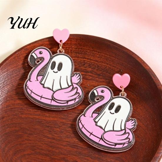 Flamingo Swimming Ring Jewelry 1 Pair Summer Halloween Ghost Earrings for Women, Cute Colorful Acrylic Pendant Pool Float Dangle Drop Earrings,