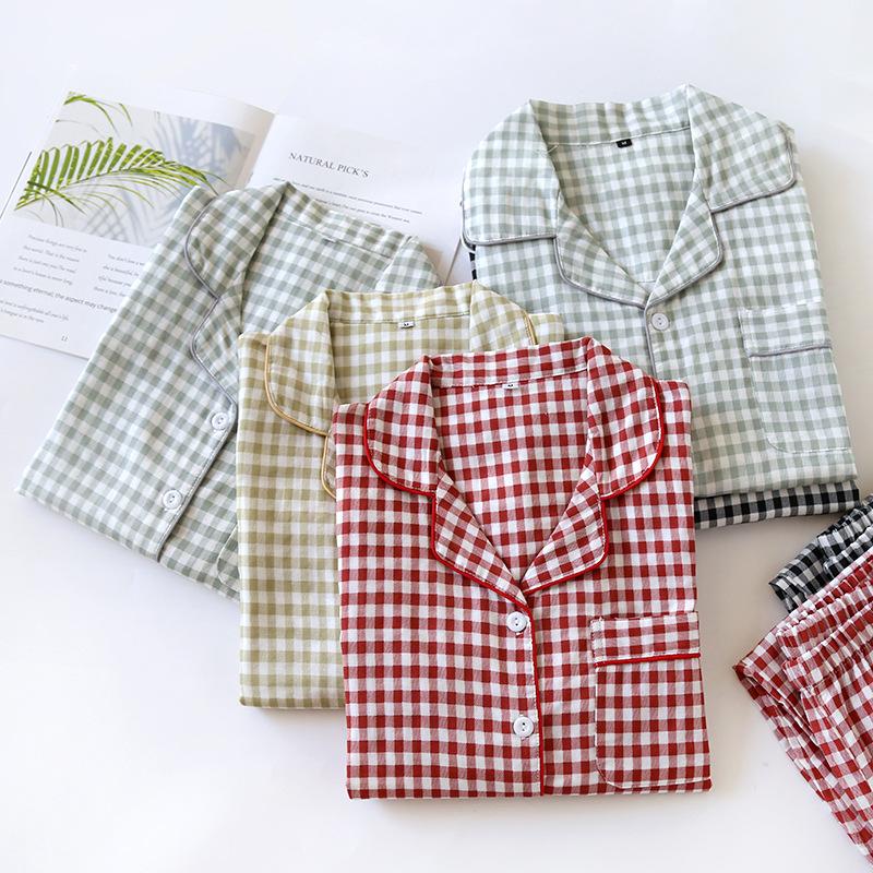 Spring/Summer Couple Pajama Set Cotton Double Layer Gauze Men's and Women's Japanese Plaid Set Long Sleeved