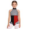 Girls Clown Costume Sparkly Rhinestones Jumpsuit Halter Sleeveless Plaid Pattern Ruffled Trim Bodysuit