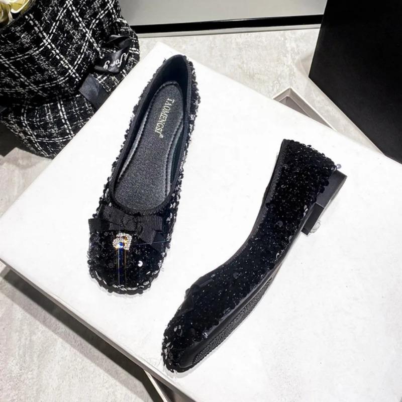 Женские туфли на плоской подошве с мелким носком, сверкающие блестки, банты на плоской подошве, темпераментные одинарные туфли, женские туфли на плоской подошве, женская обувь, мода