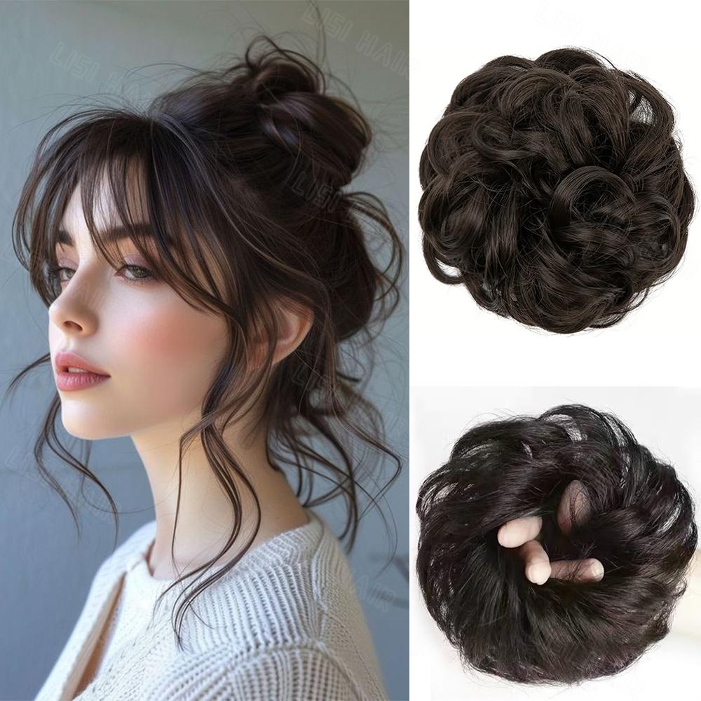 MISSQUEEN Synthetic High Bun Messy Bun Wig With Hair Extension Ponytail Band Elastic Rubber Band High Bun Ponytail Wig Extension Curly Ponytail Lady