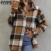Женская мода повседневная весна осень клетчатый принт длинный рукав воротник поло блузки и рубашки