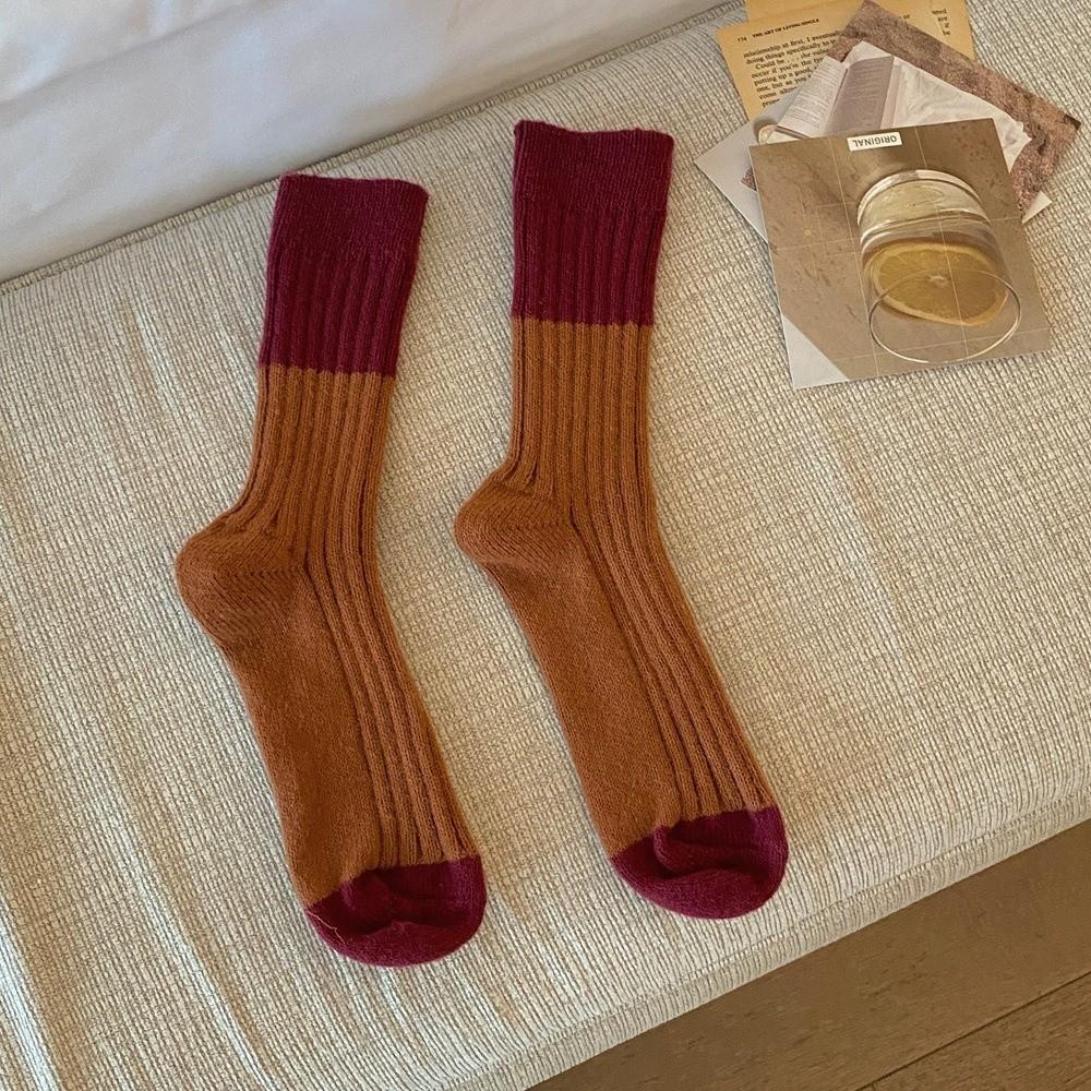 Colour Blocking Mid-Calf Wool Socks Retro Outdoor Wear Short Socks Mid Tube Socks Autumn Winter