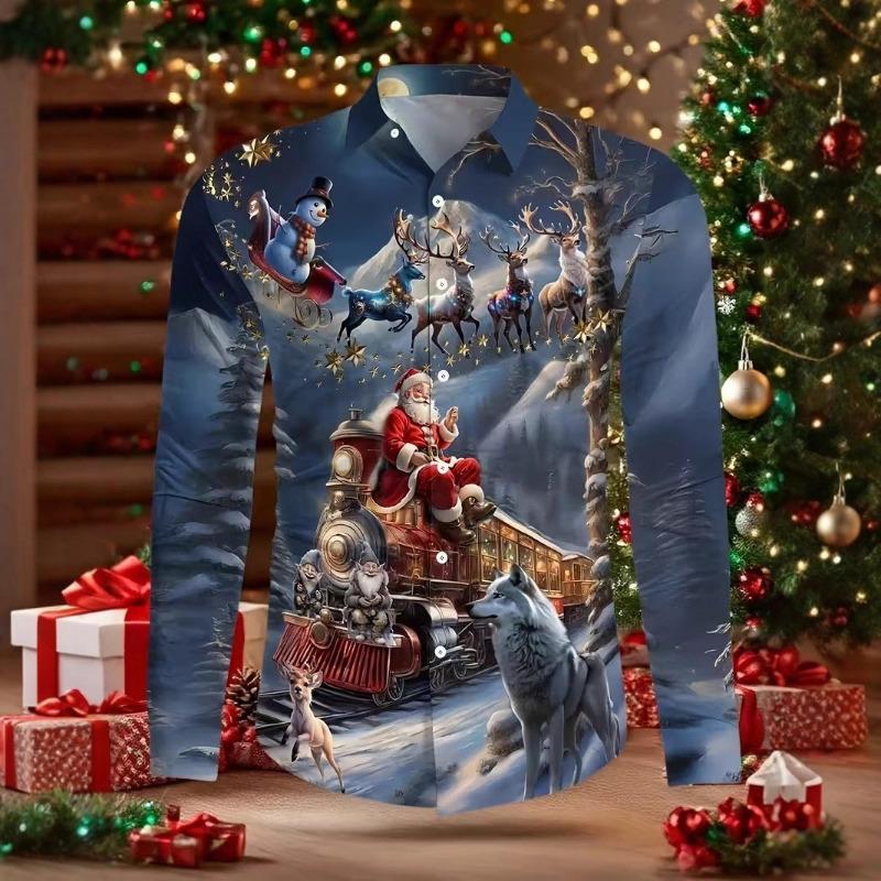 Men's Long Sleeve 3D Digital Print Christmas Shirts Casual Tops for Autumn and Winter