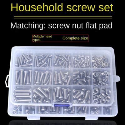 Ассортимент крепежа из нержавеющей стали, винты с плоской головкой, гайками и шайбами, болты с крестообразной круглой головкой в ​​коробке