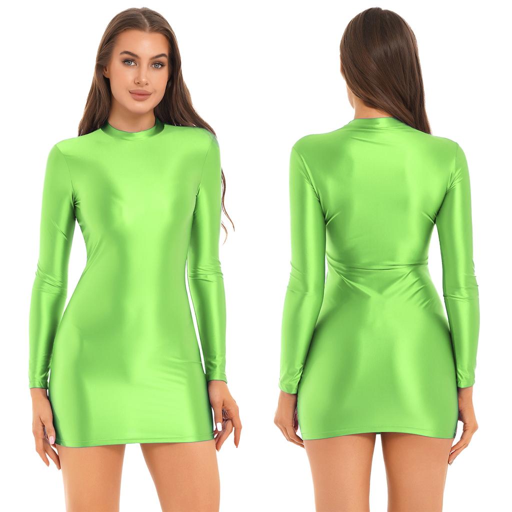 Womens Glossy Long Sleeve Bodycon Dress Nightwear Solid Color Smooth Stretchy Mock Neck Tight Dresses