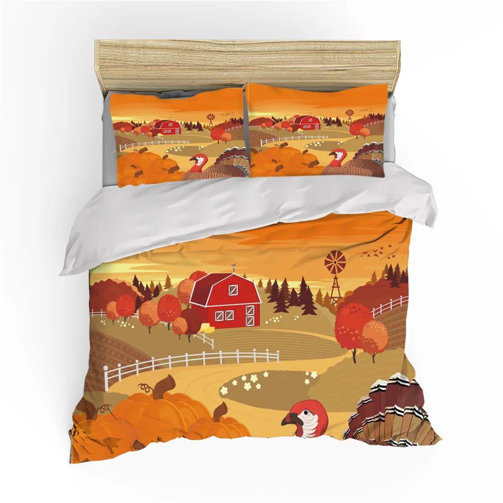 Autumn Thanksgiving Day Duvet Cover King Queen Cartoon Orange Pumpkin Turkey Bedding Set Maple Leaves Soft Polyester Quilt Cover