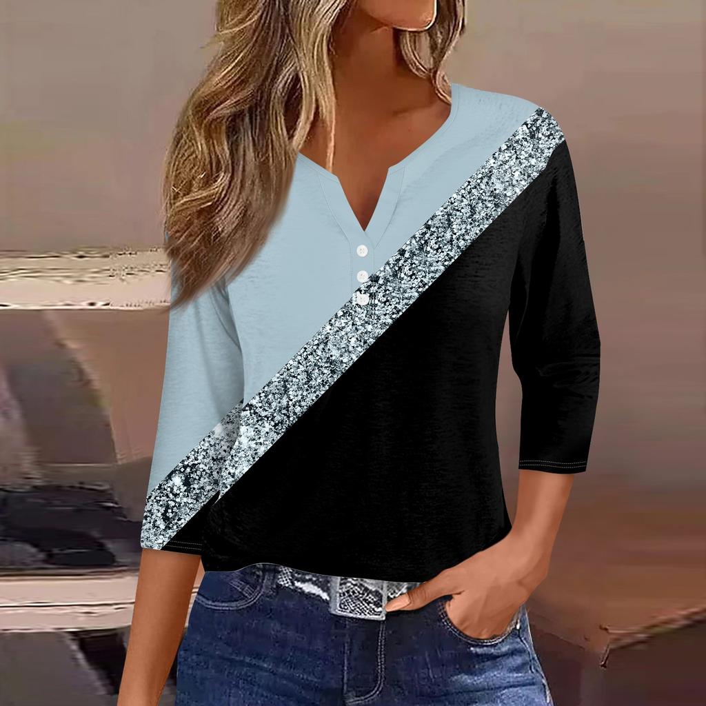 Жен. Футболка Футболка С принтом Пуговицы Рукав 3/4 Повседневные Выходные Мода Классический Классический V-образный вырез Обычный Верх