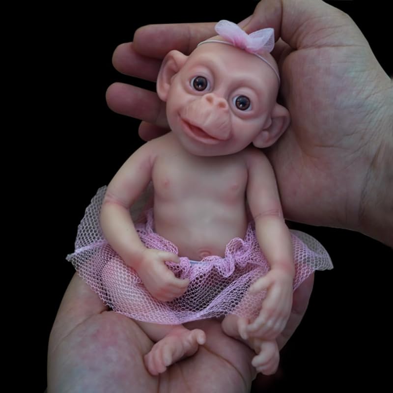 7" Micro Preemie Full Body Silicone Monkey Baby Doll Lux Lifelike Mini Reborn Doll Surprice Children Anti-Stress, Feel Real(Girl)