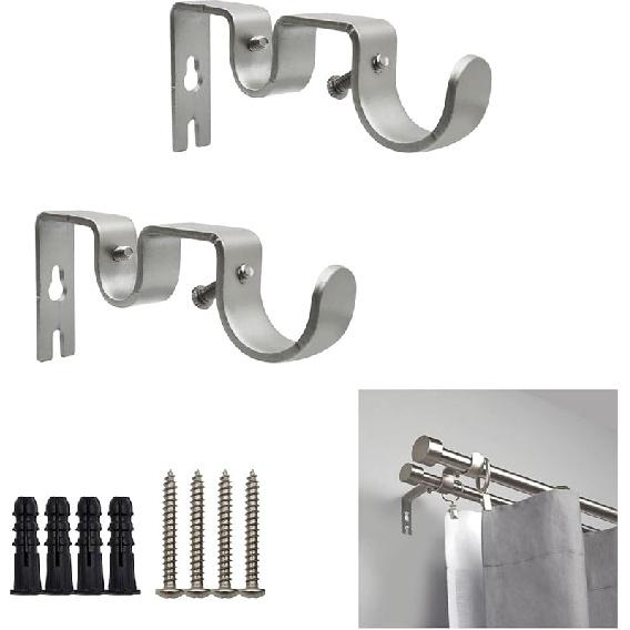 Double Curtain Rod Bracket 2 Pack Metal Curtain Rod Hooks for Wall,Sturdy Curtain Rod Bracket with Screws,Black Wall Mounted Curtain Rod Holders for