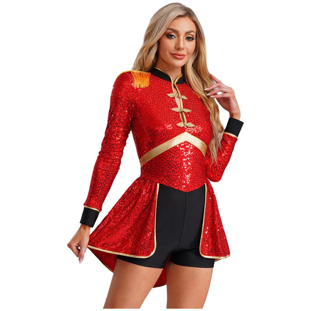 Women Circus Magician Cosplay Bodysuit Long Sleeve Sequins Fringe Epaulet Ringmaster Drummer Halloween Costume