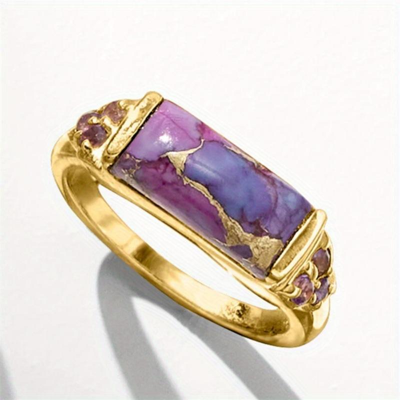 Vintage Inlaid Purple Stone Women's Ring Ethnic Gold Color Hand Carving Daily Wear Party Jewelry Anniversary Gift