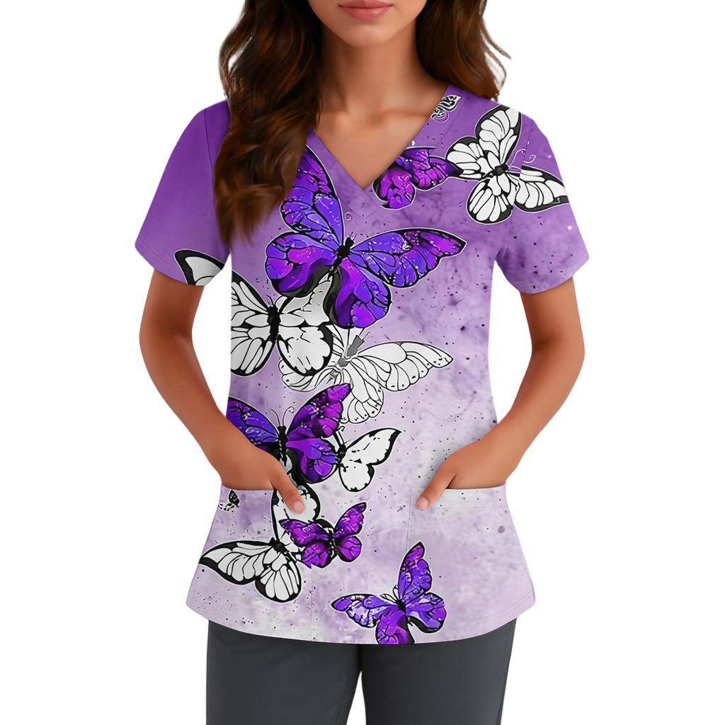 Женская милая блузка с принтом бантиков, рабочая одежда, V-образный вырез, двойной слой, карманы, базовая, с коротким рукавом, пуловер