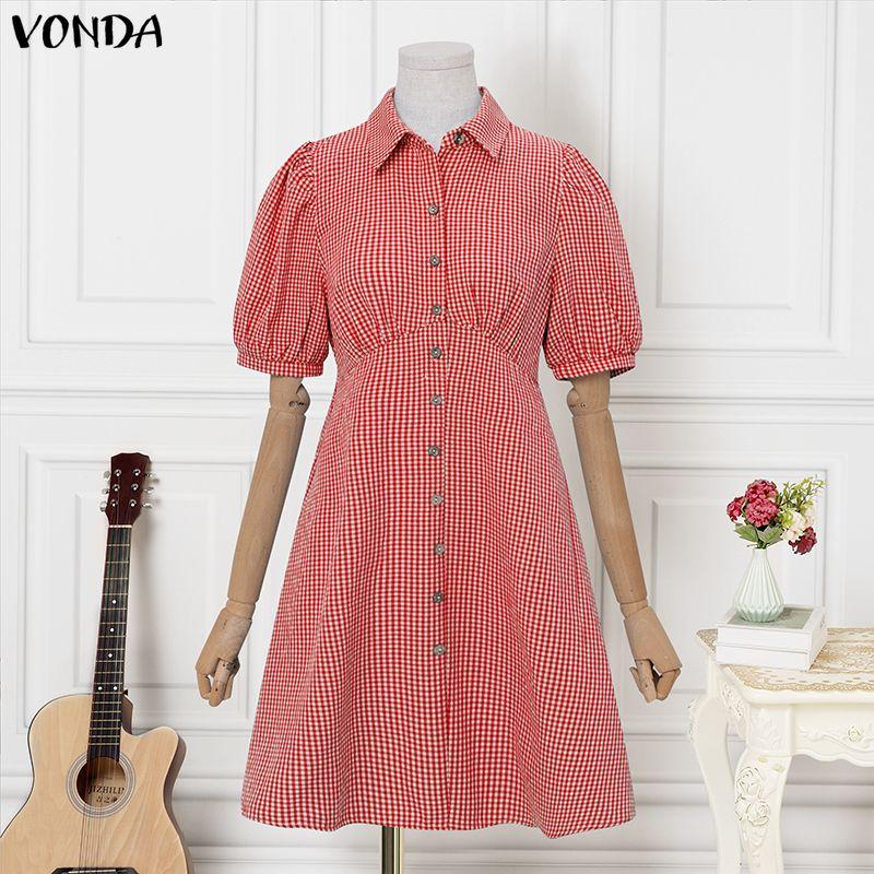 VONDA Летнее женское мини-платье в клетку с отложным воротником, коротким рукавом, эластичной спинкой, повседневное, с рюшами