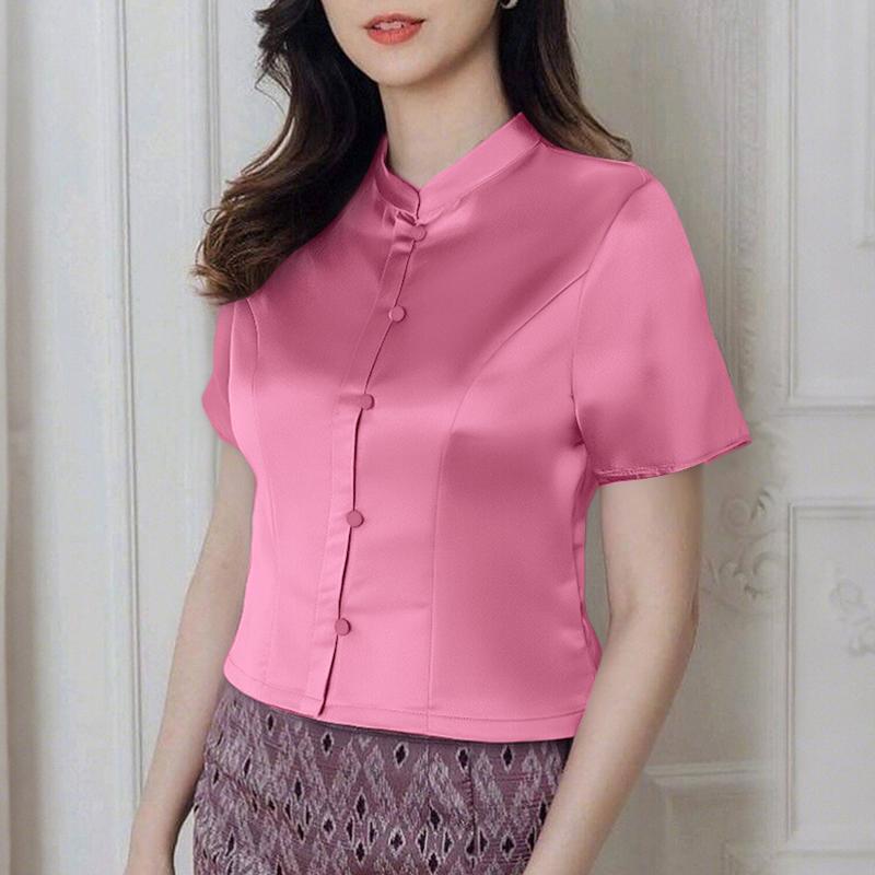 ZANZEA Women Summer Stand Collar Casual Short Sleeve Satin Blouse