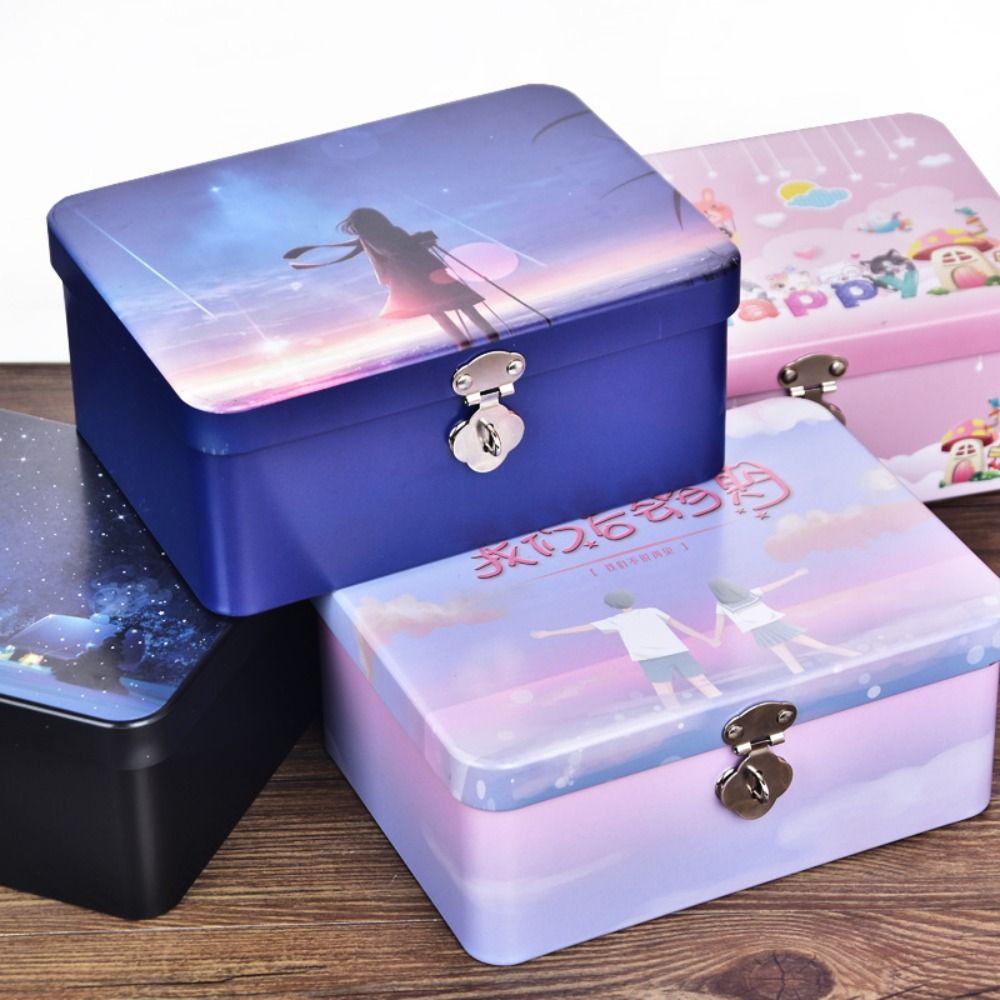Vintage Tinplate Box with Lock Key Metal Box Durable Makeup Box