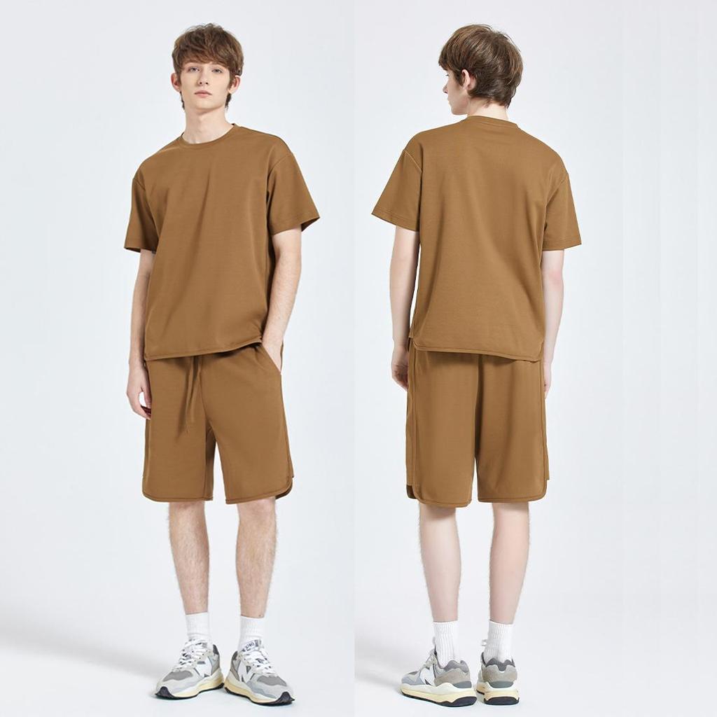 Мужской комплект из двух предметов: верх-нижний, хлопок, полиэстер, футболка с короткими рукавами, четверть брюки на шнурке, однотонные свободные рубашки и шорты, повседневная спортивная одежда