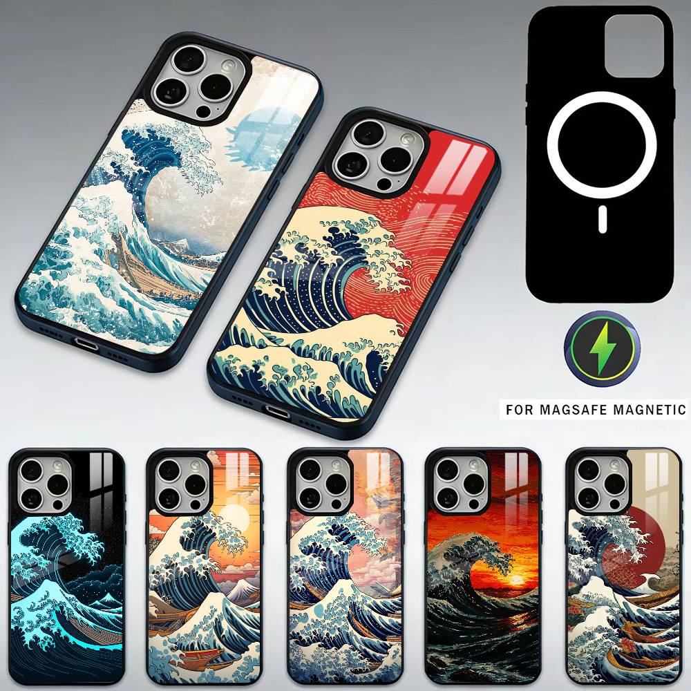 Японская Укиё-э Морские Волны Чехол для Телефона Для iPhone17,16,15,14,13,12,11 Plus,Pro Max Магнитный Для Magsafe Беспроводная Зарядка
