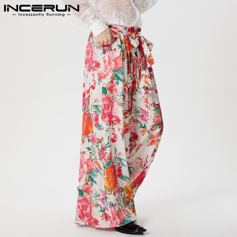 INCERUN Мужские длинные брюки с цветочным принтом на молнии, повседневные свободные широкие брюки