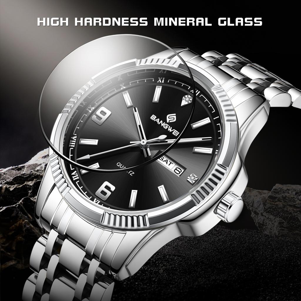 BANGWEI New Top Luxury Brand Men Watches Fashion Quartz Business Male Wristwatches Analog Week&Calendar Display Clock Man Watch