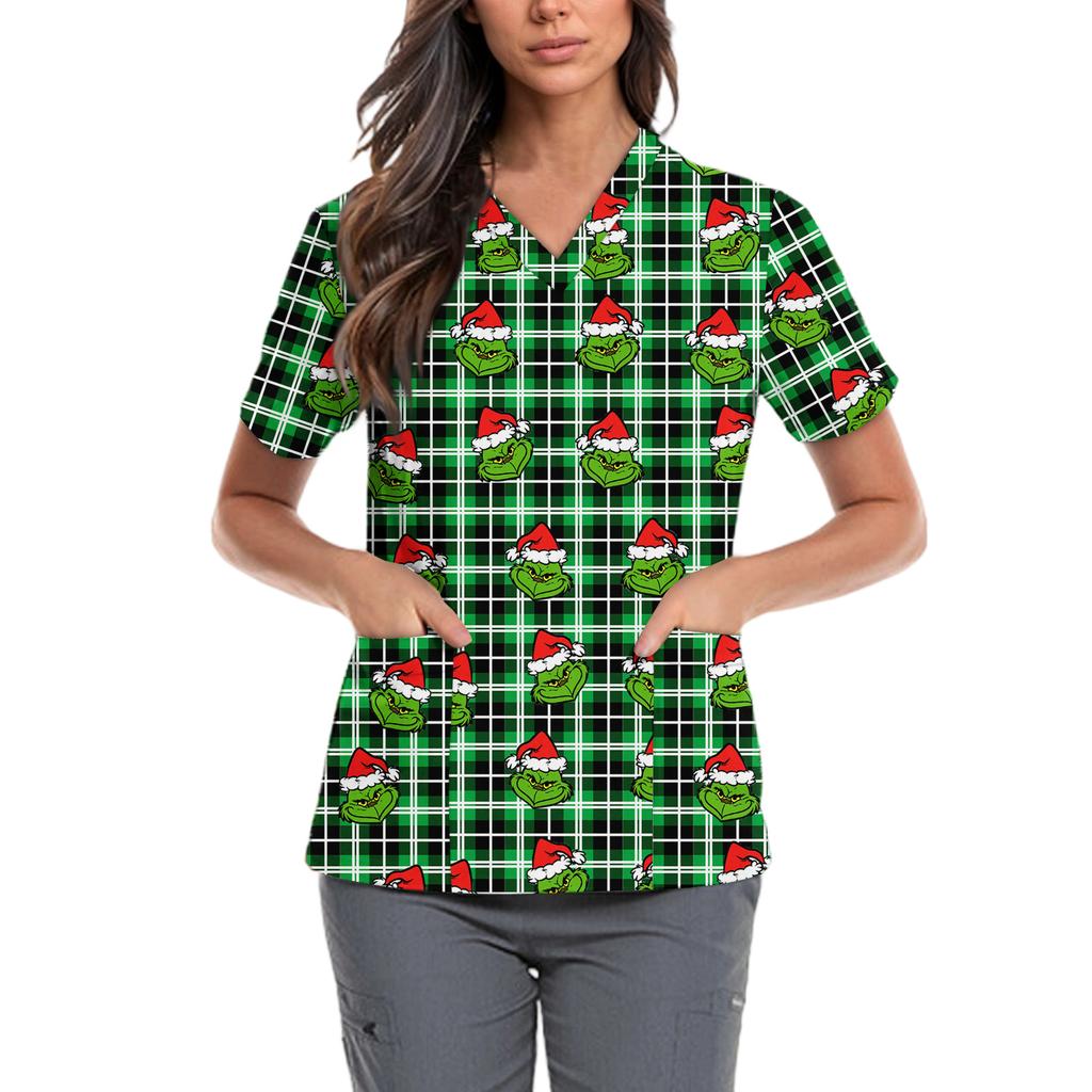 Женская милая блузка с принтом бантиков, рабочая одежда, V-образный вырез, двойной слой, карманы, базовая, с коротким рукавом, пуловер