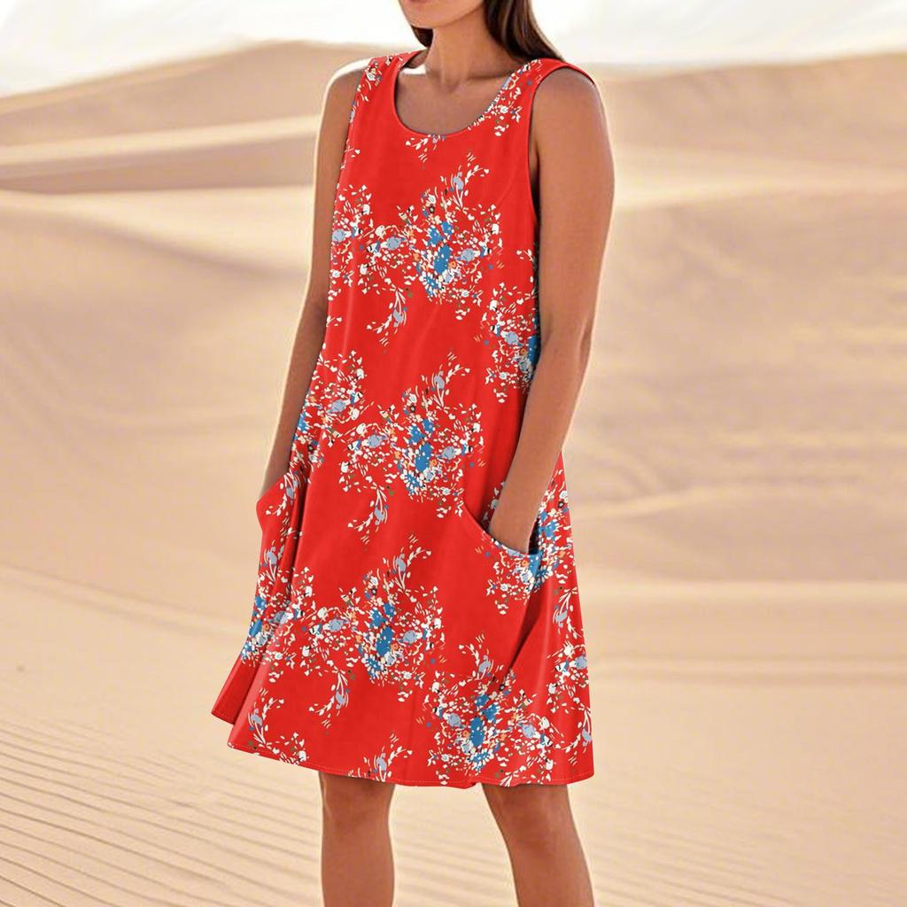 Летние платья для женщин, свободные пляжные повседневные сарафаны без рукавов с карманами, платье-майка