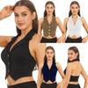 Women's Fashion Solid Color Crop Tops Lapel Halter Backless Button Down Pointed Hem Vest for Party Casual
