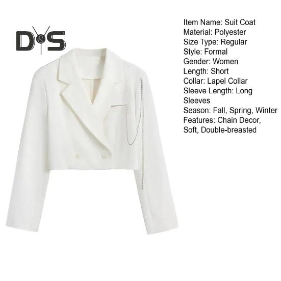 Women Short Suit Coat Double Breasted Chain Decor Long Sleeve Cardigan Lapel Notch Collar Loose Solid Color Thin Formal Business Style Lady Jacket