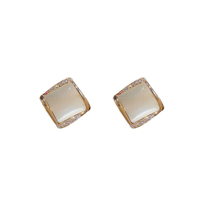 High-grade Square Cat's Eye Stone Geometric Diamond Earrings Korean Simple Micro-inlaid Earrings Temperament Earrings