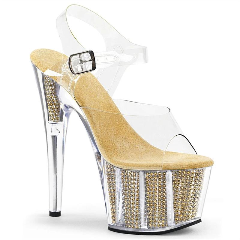 Летние модные танцевальные сандалии из кожи с круглым носком и пряжкой, черные, каблук 17 см, платформа 7 см, YKC