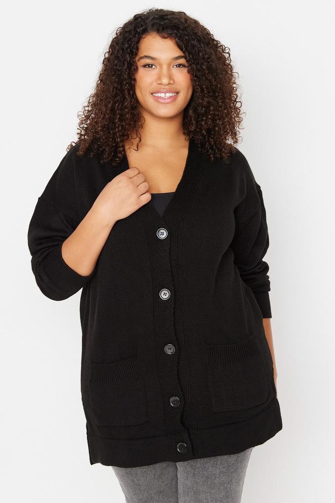 Women's Fashion Stylish Plus Size Cardigan Black V-Neck Knitwear Cardigan with Pockets