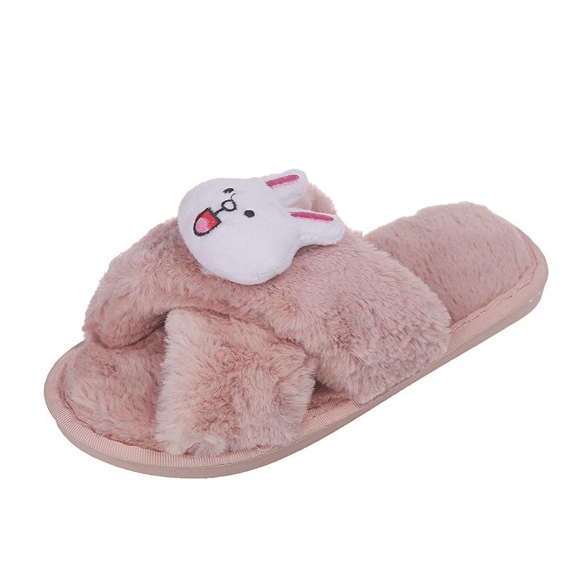 Rhinestone Strips Cross Flat Bottom Fluffy Slippers Women's Autumn and Winter Home Warm Cotton Slippers Comfortable