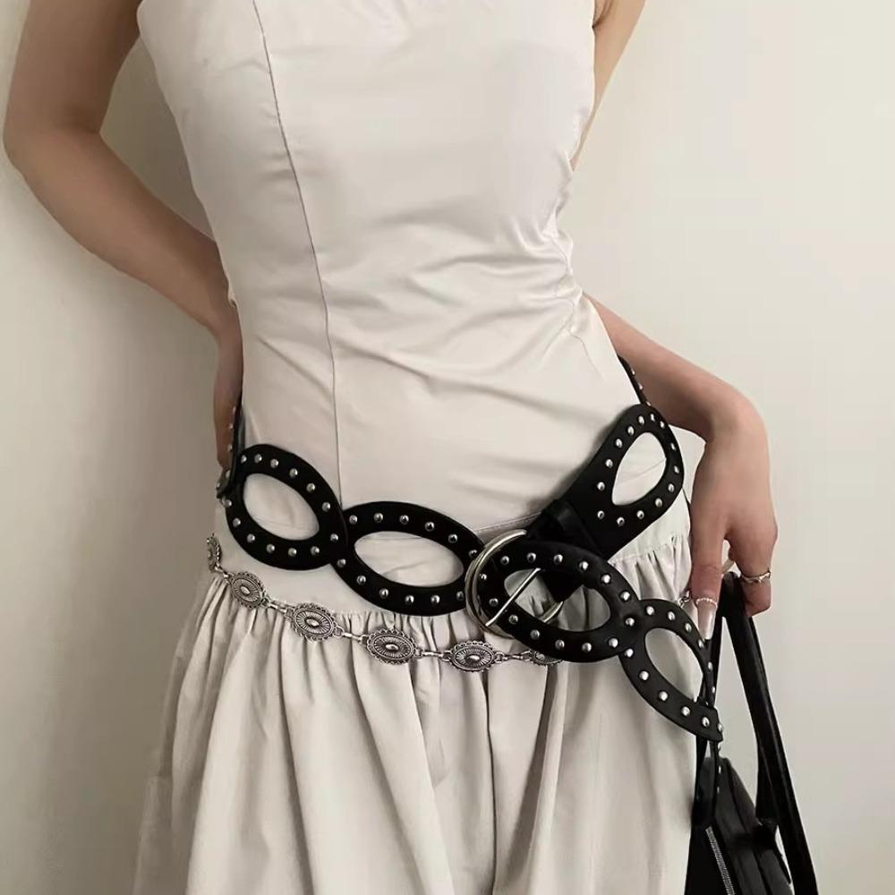 Hollow Out Cowgirl Waist Belt Elliptic Geometry Rivet Waist Belt Dress Decoration
